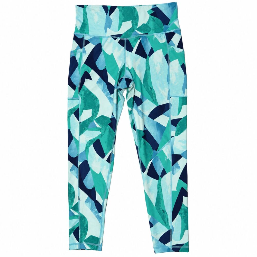 deology Women’s M 7/8 Leggings High Rise Side Pockets Abstract Teal Blue